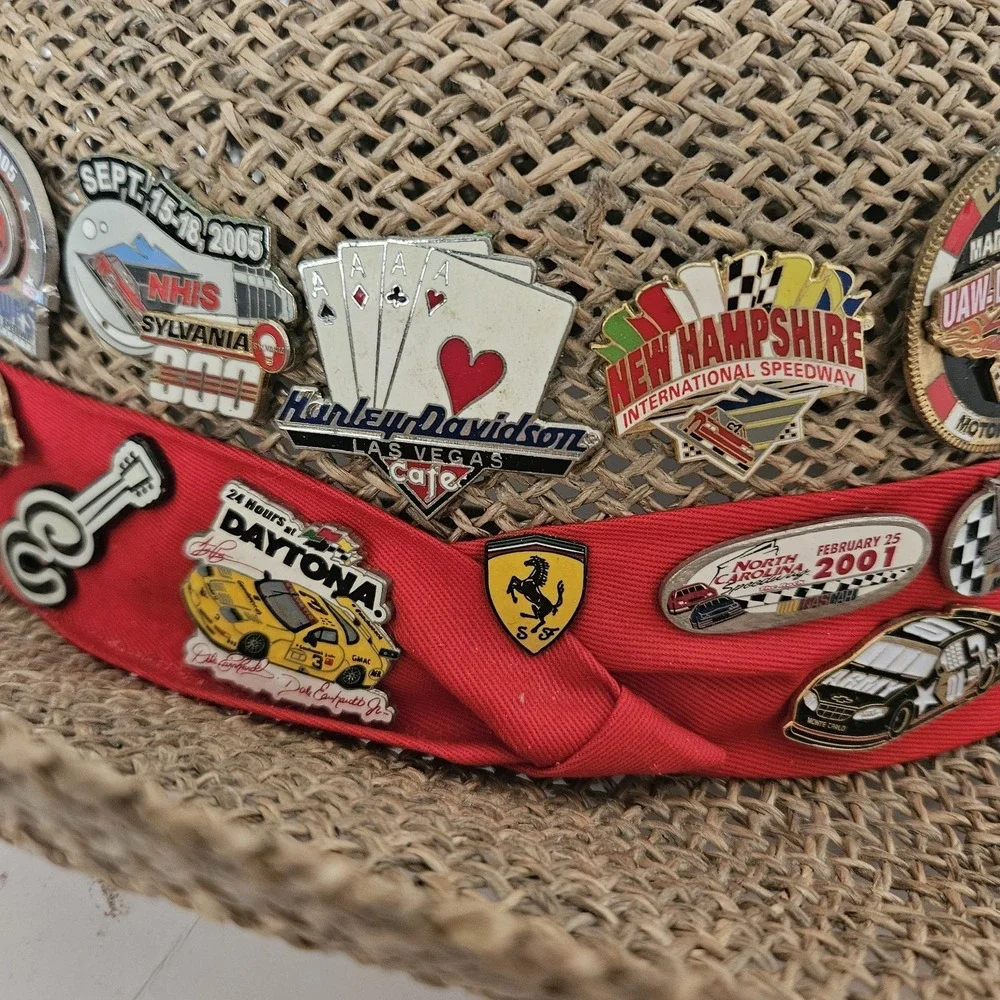 Dale Earnhardt Straw Hat With 40 Racing Pins NASCAR Automobile Some Vintage